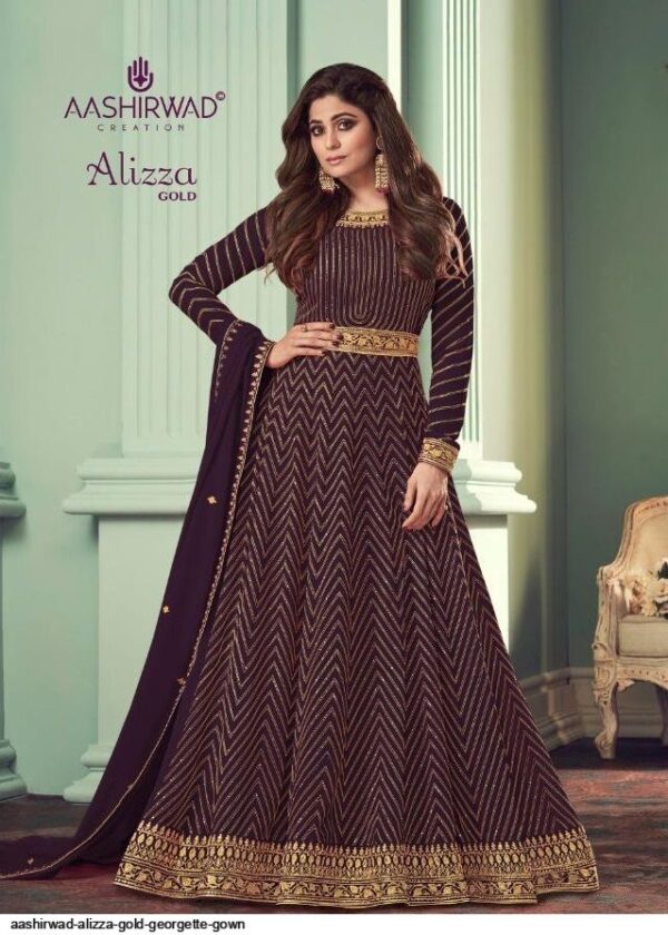 AASHIRWAD ALIZZA GOLD GEORGETTE GOWN Stunning catalog Rehmat Boutique