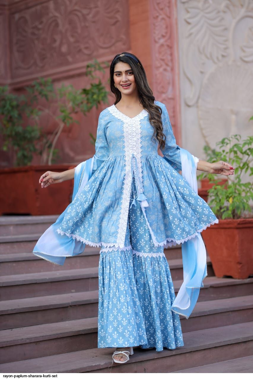 Traditional Short Kurti Sharara Suit For Women 2023