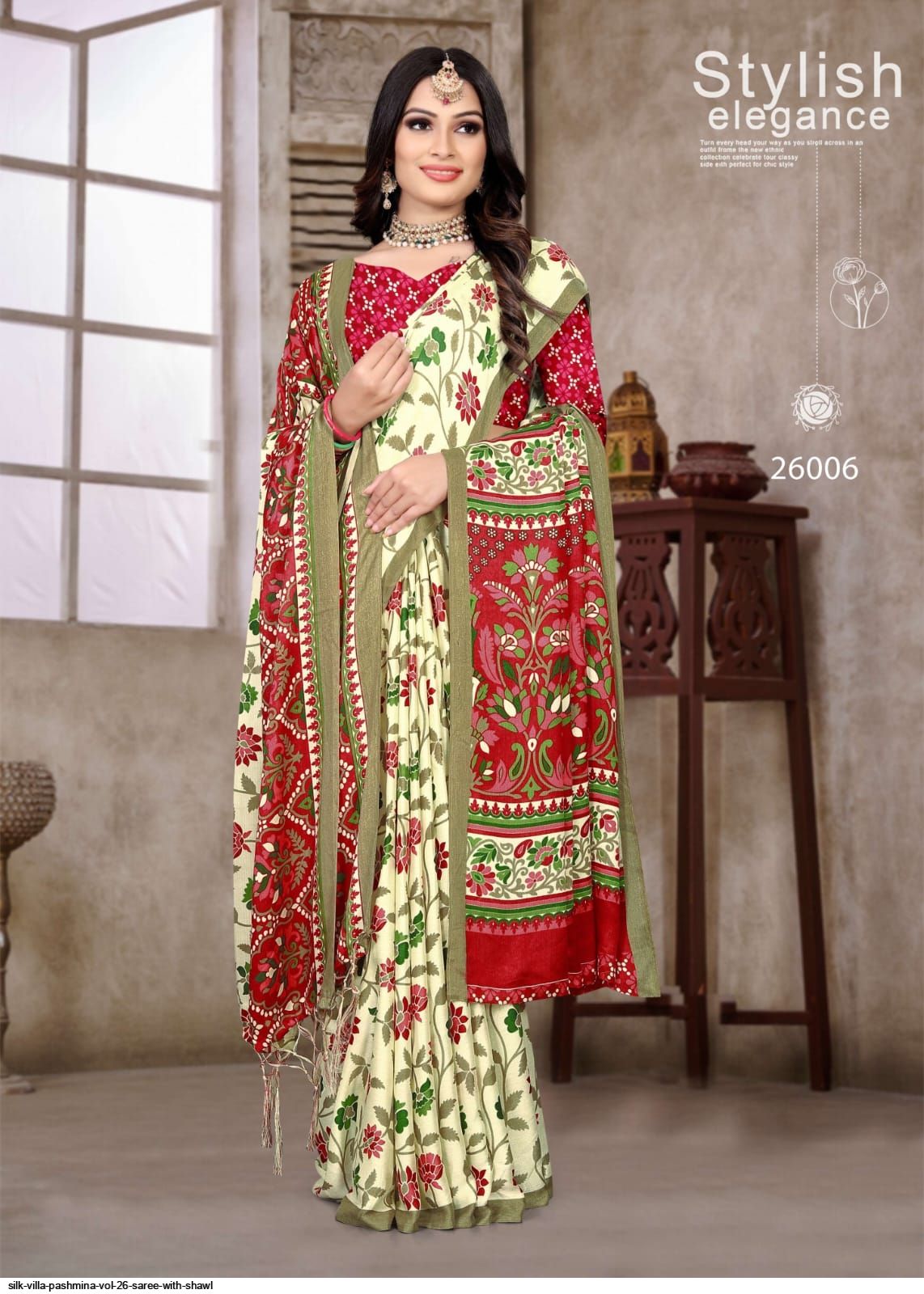 Red Pashmina Saree With Shawl 277376