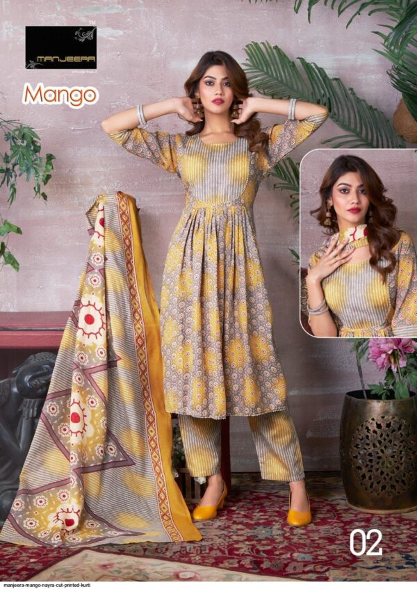 MANJEERA MANGO NAYRA CUT PRINTED KURTI AMAZING CATALOGUE 2023