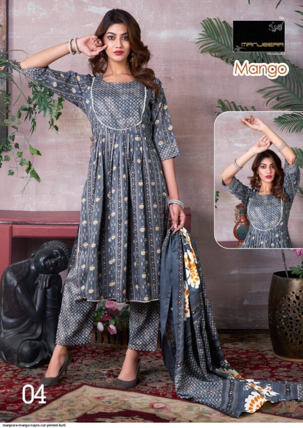 MANJEERA MANGO NAYRA CUT PRINTED KURTI AMAZING CATALOGUE 2023