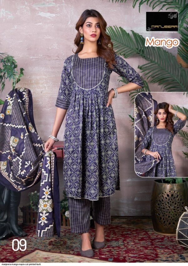 MANJEERA MANGO NAYRA CUT PRINTED KURTI AMAZING CATALOGUE 2023