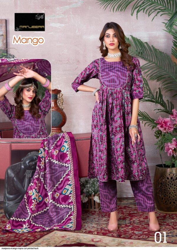 MANJEERA MANGO NAYRA CUT PRINTED KURTI AMAZING CATALOGUE 2023