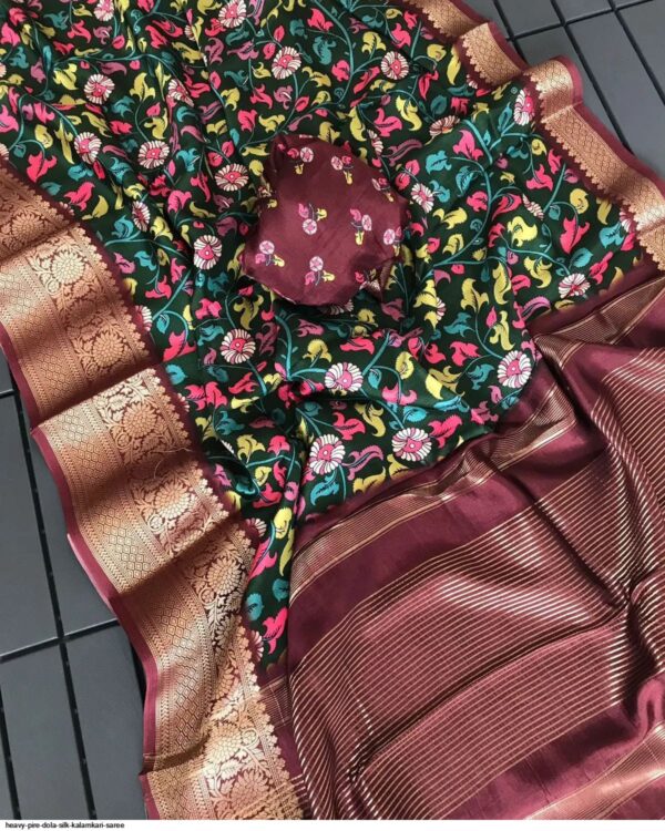 HEAVY PIRE DOLA SILK KALAMKARI SAREE AMAZING CATALOGUE 2023