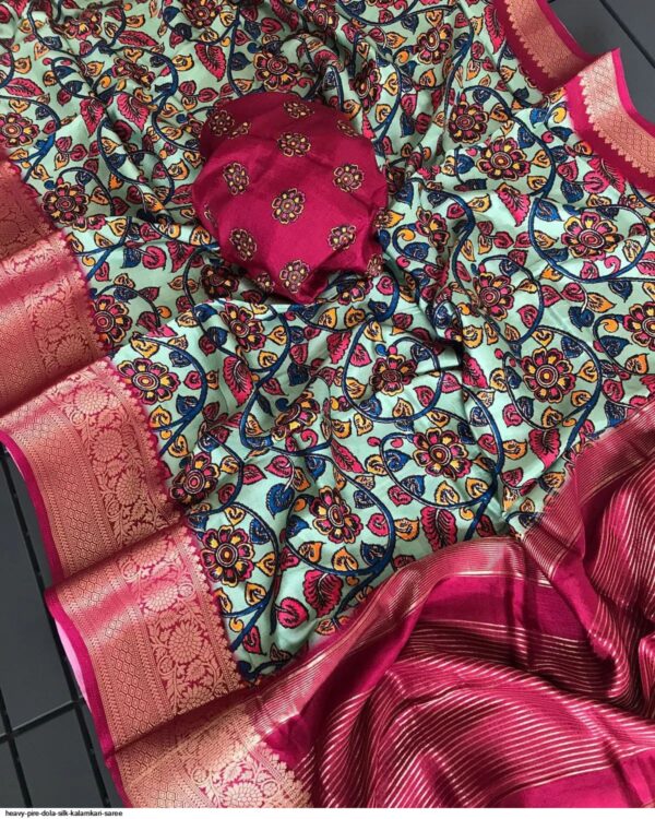 HEAVY PIRE DOLA SILK KALAMKARI SAREE AMAZING CATALOGUE 2023