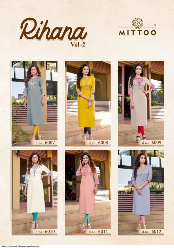 MITTOO RIHANA VOL 2 HEAVY RAYON KURTI SET AMAZING CATALOGUE 2023