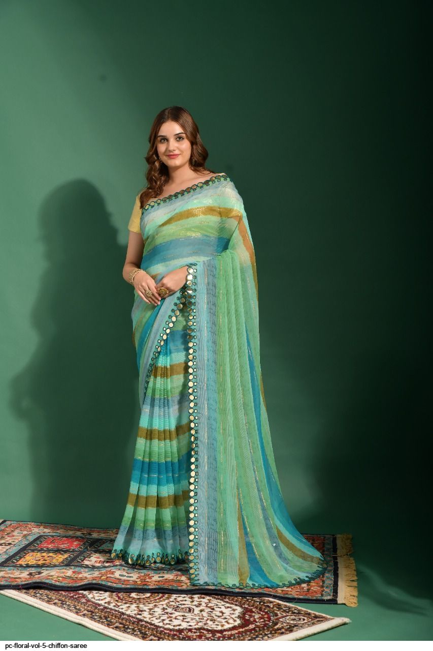 3D Water Color Pastel Florals- Chiffon Saree Set – Reeti