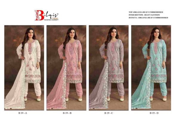 New Stunning 
Bilqis 19 Colours By Bilqis 19-A To 19-D Series Beautiful Pakistani Suits Stylish Fancy Colorful Party Wear & Occasional Wear Organza Embroidery Dresses At Wholesale Price