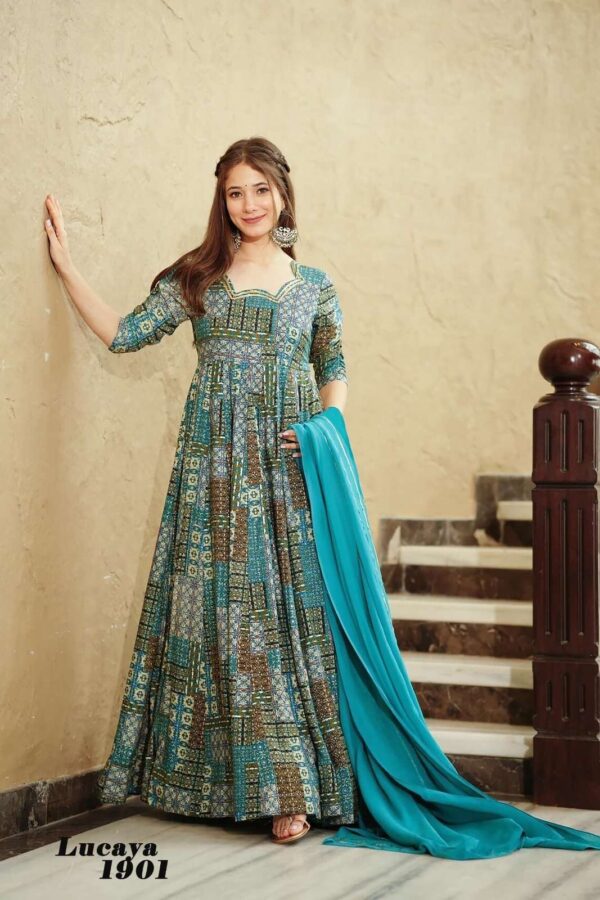 LUCAYA VOL-19 Heavy Rayon wholesaLE SUIT   lucaya vol 19 heavy rayon wholesale suit 2025 04 28 09 36 52 
                     LUCAYA VOL-19 Heavy Rayon wholesaLE SUIT 
                     
                     
                     
                     Specification :
                     
                        
                           
						   
								Product Date:
								28-04-2025
							
                             							
								Name:
								Lucaya Vol-19 Heavy Rayon Wholesale Suit 
							
																					
								Cname:
								Lucaya Vol-19
							
														
								Brand:
								Lucaya
							
							
														
								Total Design:
								7 Pcs
							
														
														
								Per Piece Rate:
								INR 1149
							
														
														
								Full Catalog Rate:
								INR 8043								+ (5 % GST) + Shipping Charge
								
							
														
														
								Weight:
								7 Kg
							
																					
								Moq:
								Minimum 1 Pcs
							
														
														
														
								Type:
								Single Kurtis
							
														
							
							
														
								Fabric:
								
									Heavy Rayon Gold Print								
							
																																																								
														
														
														
								Other Details:
								BRAND NAME – LUCAYA
CATALOG NAME – LUCAYA VOL-19
SERIES – 1901 TO 1907
Product details
Fabric: Heavy Rayon 
Work:- Heavy Digital Printed 
Inner details:-Half  inner 
length: - up to 56 inch”
Flair:- 3.5 mtr 
Stitched type :- Full stitched
 Design no - 1901 to 1906
Dupatta fabric:- georgette
Dupatta length :- 2.5mtr approx.
 Style : Anarkali, Fully flared
Size: - XS(34),S(36),M(38),L(40),XL(42),XXL(44), 3XL(46), 4XL(48), 5XL(50), 6xl(52) (all size available)
Occasion:- Festival Wear, Function, Ceremonial, Wedding Wear, Party Wear
Note: - 10-12% Colour variations may occur due to different screen resolutions
RATE: - 1149/-  per pcs For all size
GST 5% EXTRA
Dispatched after Friday
BOOK YOUR ORDER NOW