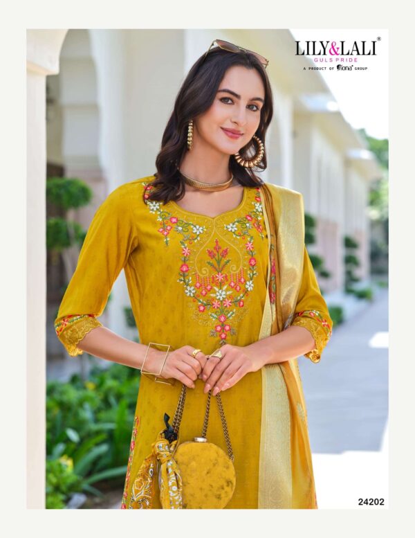 Luxury Silk Set with Fancy Lace & Pocket   luxury silk set with fancy lace pocket 2025 04 28 09 41 29 
                     Luxury Silk Set with Fancy Lace & Pocket
                     
                     
                     
                     Specification :
                     
                        
                           
						   
								Product Date:
								28-04-2025
							
                             							
								Name:
								Luxury Silk Set With Fancy Lace & Pocket
							
																					
								Cname:
								Luxury Silk 
							
														
								Brand:
								
							
							
														
								Total Design:
								6 Pcs
							
														
														
								Per Piece Rate:
								INR 1599
							
														
														
								Full Catalog Rate:
								INR 9594								+ (5 % GST) + Shipping Charge
								
							
														
														
								Weight:
								6 Kg
							
																					
								Moq:
								Minimum 1 Pcs
							
														
														
														
								Type:
								Single Kurtis
							
														
							
							
														
								Fabric:
								
									Organza								
							
																																																								
														
														
														
								Other Details:
								NEW LAUNCH 🔥🔥

*LILY & LALI*®️
❤️Presents it’s New Catalogue

         ❤️ *RUBAB Vol-2* ❤️

Exclusive Premium 2025 Collection

✅Top 👗 - HANDWORK AND EMBROIDERY ON SELF JACQUARD VISCOUSE SILK WITH COTTON INNER

✅ Bottom👖 – PLAZZOS ON SELF JACQUARD VISCOUSE SILK  WITH EMBROIDERY LACE

✅ Dupatta 🏳️‍🌈 - ORGANZA JACQUARD DIGITAL PRINT DUPATTA WITH FANCY LACE

Sizes- L(40) XL(42) XXL(44)

💐 *SINGLE ➡️ 1599/-

SINGLE & FULL SET BOTH 💐💐 AVAILABLE IN WHOLESALE RATE 

NOTE- 
POCKET INSIDE THE PANT 

Dispatch - ready to Dispatch