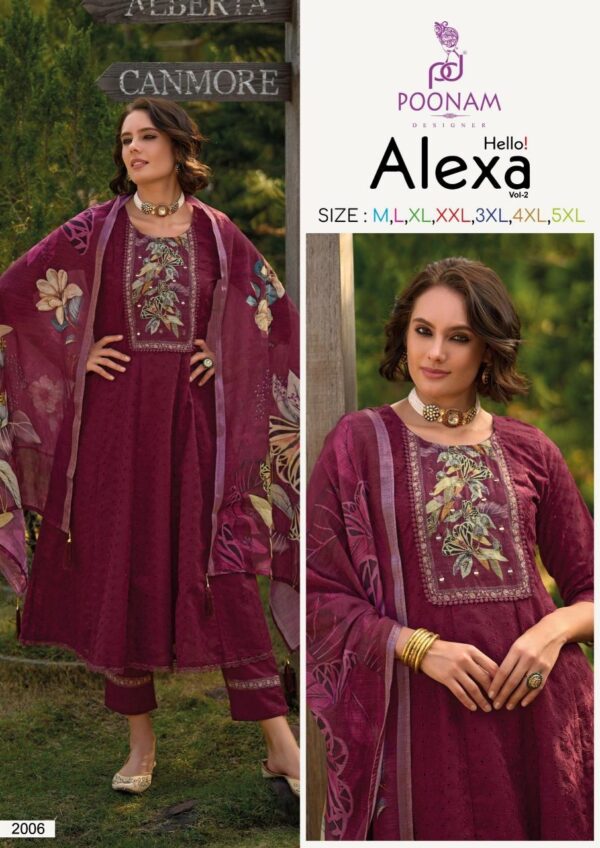 poonam alexa vol 2 series 2001-2006 chikan work wholesale suit  poonam alexa vol 2 series 2001-2006 chikan work wholesale suit , poonam alexa vol 2 series 2001-2006 chikan work wholesale suit  surat, poonam alexa vol 2 series 2001-2006 chikan work wholesale suit  new latest catalog, poonam alexa vol 2 series 2001-2006 chikan work wholesale suit  wholesale surat, poonam alexa vol 2 series 2001-2006 chikan work wholesale suit  single, poonam alexa vol 2 series 2001-2006 chikan work wholesale suit  catalog price, poonam alexa vol 2 series 2001-2006 chikan work wholesale suit  salwar suit, poonam alexa vol 2 series 2001-2006 chikan work wholesale suit  dresses, poonam alexa vol 2 series 2001-2006 chikan work wholesale suit  indian salwar suit, poonam alexa vol 2 series 2001-2006 chikan work wholesale suit  dress material poonam alexa vol 2 series 2001 2006 chikan work wholesale suit 2025 04 28 08 16 00 
                     poonam alexa vol 2 series 2001-2006 chikan work wholesale suit 
                     
                     
                     
                     Specification :
                     
                        
                           
						   
								Product Date:
								28-04-2025
							
                             							
								Name:
								Poonam Alexa Vol 2 Series 2001-2006 Chikan Work Wholesale Suit 
							
																					
								Cname:
								Alexa Vol 2
							
														
								Brand:
								Poonam Designer
							
							
														
								Total Design:
								6 Pcs
							
														
														
								Per Piece Rate:
								INR 1399
							
														
														
								Full Catalog Rate:
								INR 8394								+ (5 % GST) + Shipping Charge
								
							
														
														
								Weight:
								6 Kg
							
																					
								Moq:
								Minimum 6 Pcs
							
														
														
														
								Type:
								Readymade Suits, Anarkali Suits
							
														
							
							
														
								Fabric:
								
									Fancy								
							
																																																								
														
														
														
								Other Details:
								POONAM DESIGNER ©️
   (Presenting new Catloug)
                     
          HELLO Alexa Vol-02

Luxury Cotton Collection. 

Note:- Bombay style Anarkali
                   
Top - Full Long Kali Frant/back full 
              chikan work 
              And premium quality 
            Designer Handwok Neck with 
            digital print. 
             
             
inner - Pure Mal-Mal cotton. 
                            
Bottom - Cotton fabric with 
                     chikan work & printed 
                      laice. 
                  
Dupatta - Lilen digital print 
                      dupatta with four side 
                      Hand made Tassels. 
                    

Size - M,L,XL,XXL,3XL,4XL,5XL

₹ 1399/-