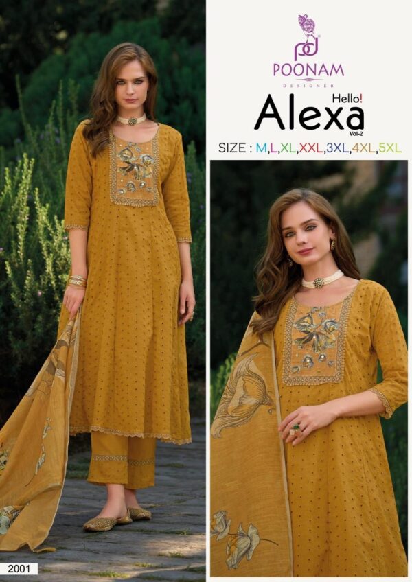 poonam alexa vol 2 series 2001-2006 chikan work wholesale suit  poonam alexa vol 2 series 2001-2006 chikan work wholesale suit , poonam alexa vol 2 series 2001-2006 chikan work wholesale suit  surat, poonam alexa vol 2 series 2001-2006 chikan work wholesale suit  new latest catalog, poonam alexa vol 2 series 2001-2006 chikan work wholesale suit  wholesale surat, poonam alexa vol 2 series 2001-2006 chikan work wholesale suit  single, poonam alexa vol 2 series 2001-2006 chikan work wholesale suit  catalog price, poonam alexa vol 2 series 2001-2006 chikan work wholesale suit  salwar suit, poonam alexa vol 2 series 2001-2006 chikan work wholesale suit  dresses, poonam alexa vol 2 series 2001-2006 chikan work wholesale suit  indian salwar suit, poonam alexa vol 2 series 2001-2006 chikan work wholesale suit  dress material poonam alexa vol 2 series 2001 2006 chikan work wholesale suit 4 2025 04 28 08 16 01 
                     poonam alexa vol 2 series 2001-2006 chikan work wholesale suit 
                     
                     
                     
                     Specification :
                     
                        
                           
						   
								Product Date:
								28-04-2025
							
                             							
								Name:
								Poonam Alexa Vol 2 Series 2001-2006 Chikan Work Wholesale Suit 
							
																					
								Cname:
								Alexa Vol 2
							
														
								Brand:
								Poonam Designer
							
							
														
								Total Design:
								6 Pcs
							
														
														
								Per Piece Rate:
								INR 1399
							
														
														
								Full Catalog Rate:
								INR 8394								+ (5 % GST) + Shipping Charge
								
							
														
														
								Weight:
								6 Kg
							
																					
								Moq:
								Minimum 6 Pcs
							
														
														
														
								Type:
								Readymade Suits, Anarkali Suits
							
														
							
							
														
								Fabric:
								
									Fancy								
							
																																																								
														
														
														
								Other Details:
								POONAM DESIGNER ©️
   (Presenting new Catloug)
                     
          HELLO Alexa Vol-02

Luxury Cotton Collection. 

Note:- Bombay style Anarkali
                   
Top - Full Long Kali Frant/back full 
              chikan work 
              And premium quality 
            Designer Handwok Neck with 
            digital print. 
             
             
inner - Pure Mal-Mal cotton. 
                            
Bottom - Cotton fabric with 
                     chikan work & printed 
                      laice. 
                  
Dupatta - Lilen digital print 
                      dupatta with four side 
                      Hand made Tassels. 
                    

Size - M,L,XL,XXL,3XL,4XL,5XL

₹ 1399/-