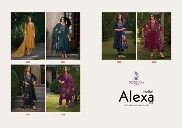 poonam alexa vol 2 series 2001-2006 chikan work wholesale suit  poonam alexa vol 2 series 2001-2006 chikan work wholesale suit , poonam alexa vol 2 series 2001-2006 chikan work wholesale suit  surat, poonam alexa vol 2 series 2001-2006 chikan work wholesale suit  new latest catalog, poonam alexa vol 2 series 2001-2006 chikan work wholesale suit  wholesale surat, poonam alexa vol 2 series 2001-2006 chikan work wholesale suit  single, poonam alexa vol 2 series 2001-2006 chikan work wholesale suit  catalog price, poonam alexa vol 2 series 2001-2006 chikan work wholesale suit  salwar suit, poonam alexa vol 2 series 2001-2006 chikan work wholesale suit  dresses, poonam alexa vol 2 series 2001-2006 chikan work wholesale suit  indian salwar suit, poonam alexa vol 2 series 2001-2006 chikan work wholesale suit  dress material poonam alexa vol 2 series 2001 2006 chikan work wholesale suit 5 2025 04 28 08 16 01 
                     poonam alexa vol 2 series 2001-2006 chikan work wholesale suit 
                     
                     
                     
                     Specification :
                     
                        
                           
						   
								Product Date:
								28-04-2025
							
                             							
								Name:
								Poonam Alexa Vol 2 Series 2001-2006 Chikan Work Wholesale Suit 
							
																					
								Cname:
								Alexa Vol 2
							
														
								Brand:
								Poonam Designer
							
							
														
								Total Design:
								6 Pcs
							
														
														
								Per Piece Rate:
								INR 1399
							
														
														
								Full Catalog Rate:
								INR 8394								+ (5 % GST) + Shipping Charge
								
							
														
														
								Weight:
								6 Kg
							
																					
								Moq:
								Minimum 6 Pcs
							
														
														
														
								Type:
								Readymade Suits, Anarkali Suits
							
														
							
							
														
								Fabric:
								
									Fancy								
							
																																																								
														
														
														
								Other Details:
								POONAM DESIGNER ©️
   (Presenting new Catloug)
                     
          HELLO Alexa Vol-02

Luxury Cotton Collection. 

Note:- Bombay style Anarkali
                   
Top - Full Long Kali Frant/back full 
              chikan work 
              And premium quality 
            Designer Handwok Neck with 
            digital print. 
             
             
inner - Pure Mal-Mal cotton. 
                            
Bottom - Cotton fabric with 
                     chikan work & printed 
                      laice. 
                  
Dupatta - Lilen digital print 
                      dupatta with four side 
                      Hand made Tassels. 
                    

Size - M,L,XL,XXL,3XL,4XL,5XL

₹ 1399/-