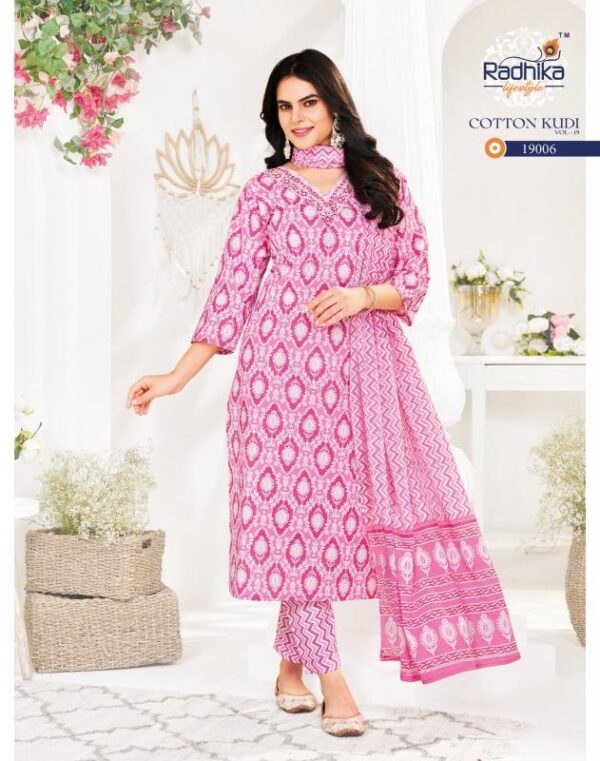 radhika cotton kudi vol 19 series 19001-19008 cotton wholesale suit  radhika cotton kudi vol 19 series 19001-19008 cotton wholesale suit , radhika cotton kudi vol 19 series 19001-19008 cotton wholesale suit  surat, radhika cotton kudi vol 19 series 19001-19008 cotton wholesale suit  new latest catalog, radhika cotton kudi vol 19 series 19001-19008 cotton wholesale suit  wholesale surat, radhika cotton kudi vol 19 series 19001-19008 cotton wholesale suit  single, radhika cotton kudi vol 19 series 19001-19008 cotton wholesale suit  catalog price, radhika cotton kudi vol 19 series 19001-19008 cotton wholesale suit  salwar suit, radhika cotton kudi vol 19 series 19001-19008 cotton wholesale suit  dresses, radhika cotton kudi vol 19 series 19001-19008 cotton wholesale suit  indian salwar suit, radhika cotton kudi vol 19 series 19001-19008 cotton wholesale suit  dress material radhika cotton kudi vol 19 series 19001 19008 cotton wholesale suit 6 2025 04 30 10 31 36 
                     radhika cotton kudi vol 19 series 19001-19008 cotton wholesale suit 
                     
                     
                     
                     Specification :
                     
                        
                           
						   
								Product Date:
								30-04-2025
							
                             							
								Name:
								Radhika Cotton Kudi Vol 19 Series 19001-19008 Cotton Wholesale Suit 
							
																					
								Cname:
								Cotton Kudi Vol 19
							
														
								Brand:
								Radhika
							
							
														
								Total Design:
								8 Pcs
							
														
														
								Per Piece Rate:
								INR 670
							
														
														
								Full Catalog Rate:
								INR 5360								+ (5 % GST) + Shipping Charge
								
							
														
														
								Weight:
								8 Kg
							
																					
								Moq:
								Minimum 8 Pcs
							
														
														
														
								Type:
								Cotton Ladies Suits, Printed Salwar Kameez
							
														
							
							
														
								Fabric:
								
									Cotton								
							
																																																								
														
														
														
								Other Details:
								
	
		
			
			Radhika lifestyle 

			Make this beautifully Cotton Kurti  & printed embellished pants & duppatta a perfect choice for the upcoming season. RADHIKA lifestyle  launches *cotton kudi relish the timeless essence and exotic craftsmanship of these garments.... * 

			COTTON KUDI VOL-19         

			KURTI WITH PANT& DUPPATTA(3 PCS) 

			
			✨Details
			👗Fabrics - pure cotton60-60

			🎗Size -  S(18)M(19) L(20) ,XL(21), XXL(22) 3xl(23)
			  
			🌈 Length --> 46📐

			☣Designs- 8pcs

			Rate- 670/-

			Regards,
			 YASH ENTERPRISE

			
			💥 Limeted stock 💥
