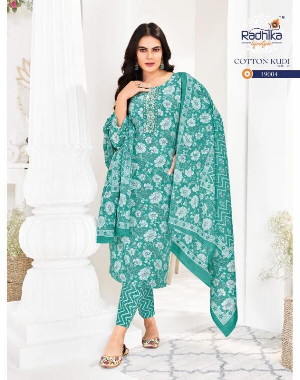 radhika cotton kudi vol 19 series 19001-19008 cotton wholesale suit  radhika cotton kudi vol 19 series 19001-19008 cotton wholesale suit , radhika cotton kudi vol 19 series 19001-19008 cotton wholesale suit  surat, radhika cotton kudi vol 19 series 19001-19008 cotton wholesale suit  new latest catalog, radhika cotton kudi vol 19 series 19001-19008 cotton wholesale suit  wholesale surat, radhika cotton kudi vol 19 series 19001-19008 cotton wholesale suit  single, radhika cotton kudi vol 19 series 19001-19008 cotton wholesale suit  catalog price, radhika cotton kudi vol 19 series 19001-19008 cotton wholesale suit  salwar suit, radhika cotton kudi vol 19 series 19001-19008 cotton wholesale suit  dresses, radhika cotton kudi vol 19 series 19001-19008 cotton wholesale suit  indian salwar suit, radhika cotton kudi vol 19 series 19001-19008 cotton wholesale suit  dress material radhika cotton kudi vol 19 series 19001 19008 cotton wholesale suit 9 2025 04 30 10 31 36 
                     radhika cotton kudi vol 19 series 19001-19008 cotton wholesale suit 
                     
                     
                     
                     Specification :
                     
                        
                           
						   
								Product Date:
								30-04-2025
							
                             							
								Name:
								Radhika Cotton Kudi Vol 19 Series 19001-19008 Cotton Wholesale Suit 
							
																					
								Cname:
								Cotton Kudi Vol 19
							
														
								Brand:
								Radhika
							
							
														
								Total Design:
								8 Pcs
							
														
														
								Per Piece Rate:
								INR 670
							
														
														
								Full Catalog Rate:
								INR 5360								+ (5 % GST) + Shipping Charge
								
							
														
														
								Weight:
								8 Kg
							
																					
								Moq:
								Minimum 8 Pcs
							
														
														
														
								Type:
								Cotton Ladies Suits, Printed Salwar Kameez
							
														
							
							
														
								Fabric:
								
									Cotton								
							
																																																								
														
														
														
								Other Details:
								
	
		
			
			Radhika lifestyle 

			Make this beautifully Cotton Kurti  & printed embellished pants & duppatta a perfect choice for the upcoming season. RADHIKA lifestyle  launches *cotton kudi relish the timeless essence and exotic craftsmanship of these garments.... * 

			COTTON KUDI VOL-19         

			KURTI WITH PANT& DUPPATTA(3 PCS) 

			
			✨Details
			👗Fabrics - pure cotton60-60

			🎗Size -  S(18)M(19) L(20) ,XL(21), XXL(22) 3xl(23)
			  
			🌈 Length --> 46📐

			☣Designs- 8pcs

			Rate- 670/-

			Regards,
			 YASH ENTERPRISE

			
			💥 Limeted stock 💥