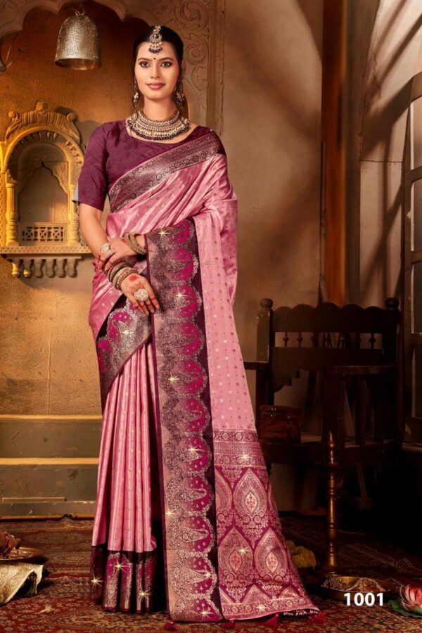 Saroj Begum Sattin swaroski vol-2 series 1001-1004 Soft satin silk wholesale saree - Image 3