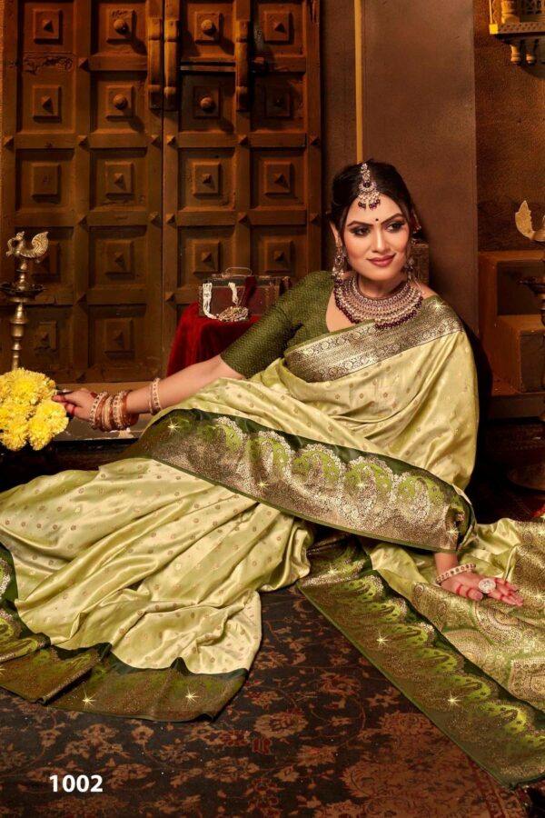 Saroj Begum Sattin swaroski vol-2 series 1001-1004 Soft satin silk wholesale saree - Image 4