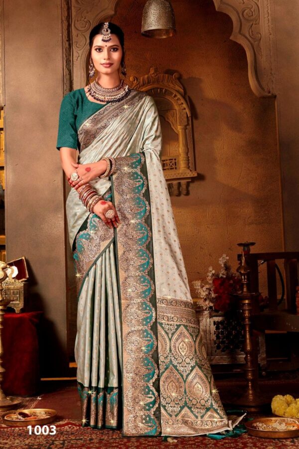 Saroj Begum Sattin swaroski vol-2 series 1001-1004 Soft satin silk wholesale saree - Image 5
