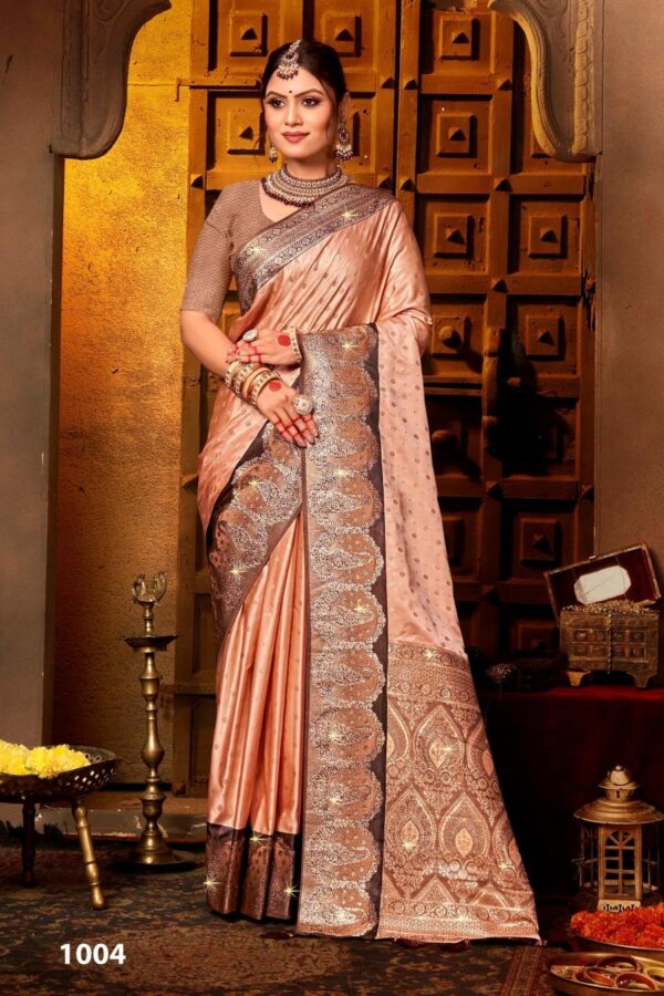 Saroj Begum Sattin swaroski vol-2 series 1001-1004 Soft satin silk wholesale saree - Image 6
