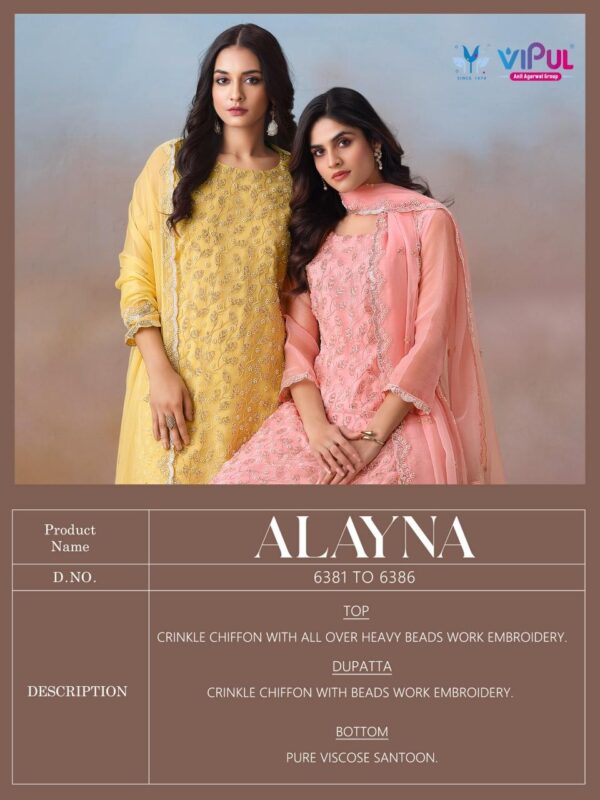 vipul fashion alayna series 6381-6386 crinkle chiffon wholesale suit  vipul fashion alayna series 6381-6386 crinkle chiffon wholesale suit , vipul fashion alayna series 6381-6386 crinkle chiffon wholesale suit  surat, vipul fashion alayna series 6381-6386 crinkle chiffon wholesale suit  new latest catalog, vipul fashion alayna series 6381-6386 crinkle chiffon wholesale suit  wholesale surat, vipul fashion alayna series 6381-6386 crinkle chiffon wholesale suit  single, vipul fashion alayna series 6381-6386 crinkle chiffon wholesale suit  catalog price, vipul fashion alayna series 6381-6386 crinkle chiffon wholesale suit  salwar suit, vipul fashion alayna series 6381-6386 crinkle chiffon wholesale suit  dresses, vipul fashion alayna series 6381-6386 crinkle chiffon wholesale suit  indian salwar suit, vipul fashion alayna series 6381-6386 crinkle chiffon wholesale suit  dress material vipul fashion alayna series 6381 6386 crinkle chiffon wholesale suit 5 2025 04 24 15 25 23 
                     vipul fashion alayna series 6381-6386 crinkle chiffon wholesale suit 
                     
                     
                     
                     Specification :
                     
                        
                           
						   
								Product Date:
								24-04-2025
							
                             							
								Name:
								Vipul Fashion Alayna Series 6381-6386 Crinkle Chiffon Wholesale Suit 
							
																					
								Cname:
								Alayna 
							
														
								Brand:
								Vipul
							
							
														
								Total Design:
								6 Pcs
							
														
														
								Per Piece Rate:
								INR 2361
							
														
														
								Full Catalog Rate:
								INR 14166								+ (5 % GST) + Shipping Charge
								
							
														
														
								Weight:
								6 Kg
							
																					
								Moq:
								Minimum 6 Pcs
							
														
														
														
							
							
														
								Fabric:
								
									Chiffon								
							
																																																								
														
														
														
								Other Details:
								
	
		
			
			Vipul launching 
			Alayna

			Top- Crinkle Chiffon with All over Beads work Embroidery 

			Dupatta - Crinkle Chiffon with Beads work Embroidery 

			Bottam - Pure Viscose Santoon