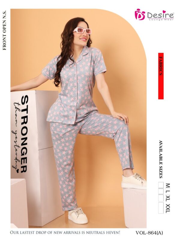 Vol- 864 Premium Hosiery Fabric Front Open Button Night Suit - Image 6