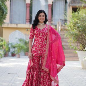 9215 viscose georgette jacquard readymade stylish plazzo kurti with dupatta supplier