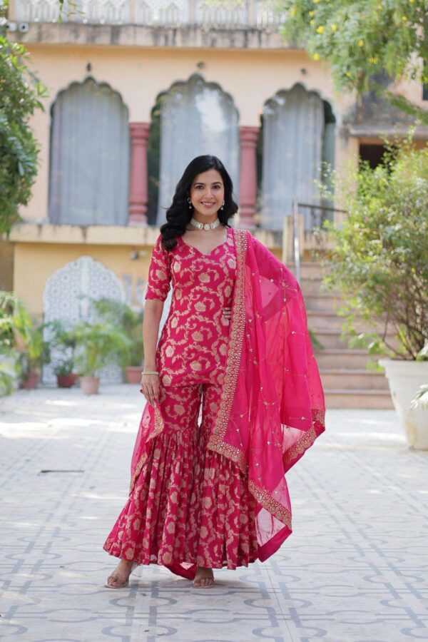 9215 viscose georgette jacquard readymade stylish plazzo kurti with dupatta supplier   9215 viscose georgette jacquard readymade stylish plazzo kurti with dupatta supplier 2025 05 16 19 3 scaled 
                     9215 viscose georgette jacquard readymade stylish plazzo kurti with dupatta supplier
                     
                     
                     
                     Specification :
                     
                        
                           
						   
								Product Date:
								16-05-2025
							
                             							
								Name:
								9215 Viscose Georgette Jacquard Readymade Stylish Plazzo Kurti With Dupatta Supplier
							
																					
								Cname:
								9215
							
														
								Brand:
								
							

														
								Total Design:
								12 Pcs
							
							
														
								Per Piece Rate:
								INR 1750
							
							
														
								Full Catalog Rate:
								INR 21000								+ (5 % GST) + Shipping Charge
								
							
							
														
								Weight:
								12 Kg
							
																					
								Moq:
								Minimum 12 Pcs
							
							
							
														
								Type:
								Readymade Suits, Sharara Suits
							
							


														
								Fabric:
								
									Viscose Georgette								
							
																																																	
							
							
														
								Other Details:
								
	
		
			
			💕 PREMIUM DESIGNER READYMADE TOP-GHARARA-DUPATTA COLLECTIONS. 🥰

			#Ghararasuit 💕💃🏻

			                  Code:- 9215

			👉🏻 KURTI:-👇🏻
			👉🏻 FABRICS & Work :- Viscose Georgette Jacquard 
			👉🏻 SLEEVES :- Elbow Sleeves (Same As Photo)
			👉🏻 LENGTH :- 29 Inch 
			👉🏻 LINING(Inner) :- Cotton (full Inner)
			👉🏻 NECK:- Designer Neck
			👉🏻 STITCHING:- Standard Stitching

			👉🏻 SIZE :-  Purple-M(38''), L(40''), XL(42''), XXL(44'') Maroon:L(40”),XL(42”),XXL(44”)
			Pink:-XXL(44”)

			👉🏻 GHARARA:-👇🏻
			👉🏻 FABRICS & Work :- Viscose Georgette Jacquard 
			👉🏻 LENGTH :- 42 Inch
			👉🏻 LINING(Inner) :- Cotton (full Inner)
			👉🏻 STITCHING:- Elastic Waist Standard Stitching

			👉🏻 DUPATTA :- 👇🏻
			👉🏻 FABRIC & WORK :- Russian Silk with Sequins Embroidered work With Embroidered Lace Border
			👉🏻 LENGTH :- 2.30 MTR

			👉🏻 Colour :- 3 (Maroon, Rani-Pink, Purple)

			👉🏻 Package Contains:- Top+Gharara+Dupatta

			👉🏻 Weight :-  0.800 KG

			👉🏻 Rate :- 1750/-₹
