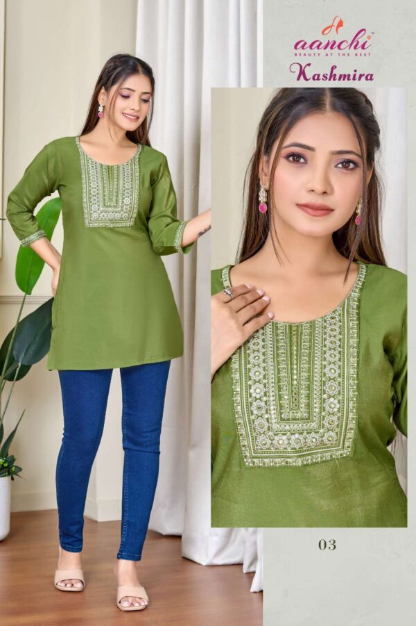 aanchi - kashmira   aanchi kashmira colors summer wear readymade short top collection wholesale surat 0 2025 05 22 12 52 22.jpg aanchi kashmira colors summer wear readymade short  top  collection wholesale surat Catalogue Name : 22nd May 2025 Name of Product : aanchi - kashmira  No of Design : 4 Piece (MOQ : 1 Set) Product Rate Per Piece : ₹ 385 / Per Piece Product Full Catalogue Rate : ₹ 1540 (GST Extra) Full Catalogue Weight : 4 KG Product Type & Size: S | M | L | XL | XXL Product Details: 
					 KASHMIRA

SHORT TOP


 FABRIC:ROMAN SHIMMER

Pattern:EMBROIDERY WORK SHORT TOP

RATE: 385/-

 Size:- S-M-L-XL-XXL
