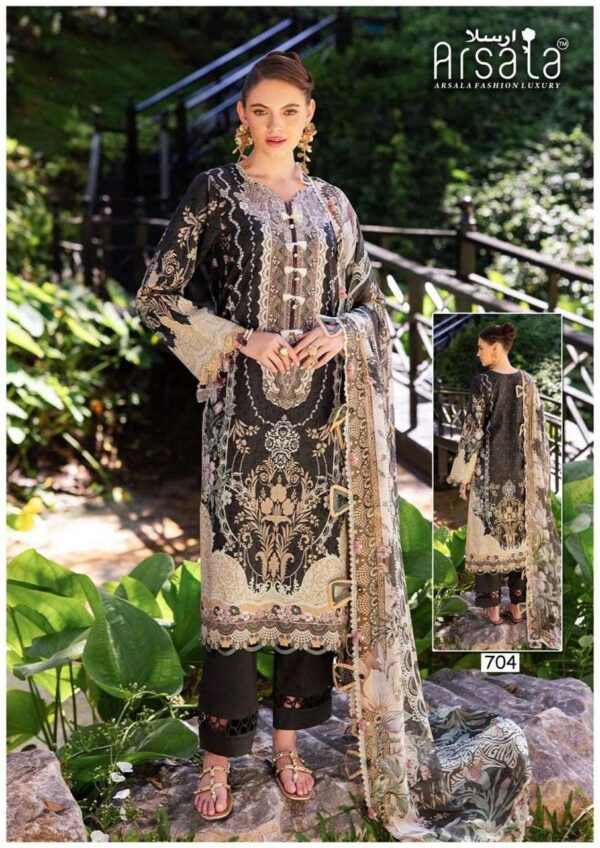 arsala fashion - amira vol-7   arsala amira vol 7 701 706 series cotton pakistani wear salwar suit supplier surat 0 2025 05 28 11 06 00.jpg arsala amira vol-7 701-706 series cotton pakistani wear salwar suit supplier surat Catalogue Name : 28th May 2025 Name of Product : arsala fashion - amira vol-7  No of Design : 6 Piece (MOQ : 1 Set) Product Rate Per Piece : ₹ 405 / Per Piece Product Full Catalogue Rate : ₹ 2430 (GST Extra) Full Catalogue Weight : 6 KG Product Type & Size: unstitched Product Details: 
					 
ARSALA FASHION   LUXURY BRAND

 TODAY WE ARE INTRODUCING OUR ONE MORE NEW CATALOGUE LUXURY PRET COLLECTION TO MAKE UNIQUE AND CLASSY COTTON WITH  BEST FABRICS

ARSALA FASHION  LUXURY AMIRA HEAVY COTTON LUXURY COLLECTION VOL.7

ALHUMDULLIAH TODAY AGAIN WE HAVE BROUGHT A LOT OF HARD WORK YOUR EYES WILL BE WIDE OPEN AFTER SEEING THIS FASHION SENSIBILITY SPECIALLY CREATE EXCELLENT DESIGNS PREMIUM QUALITY FABRICS  SPECIAL FOR YOU COMPLETELY NEW STYLE WITH YOUR BLESSING AND SUPPORT HOPE YOU LIKE All THE ARTICLES 

TOP PURE HEAVY LAWN COTTON  2.50 MTR

BOTTOM PURE HEAVY LAWN COTTON 2.00 MTR

DUPATTA PURE COTTON 2.25 MTR

Design 06

PRICE - 405+GST

EXCLUSIVE BAG  PACKING

FABRICS USED FOR BEST QUALITY RESULTS
