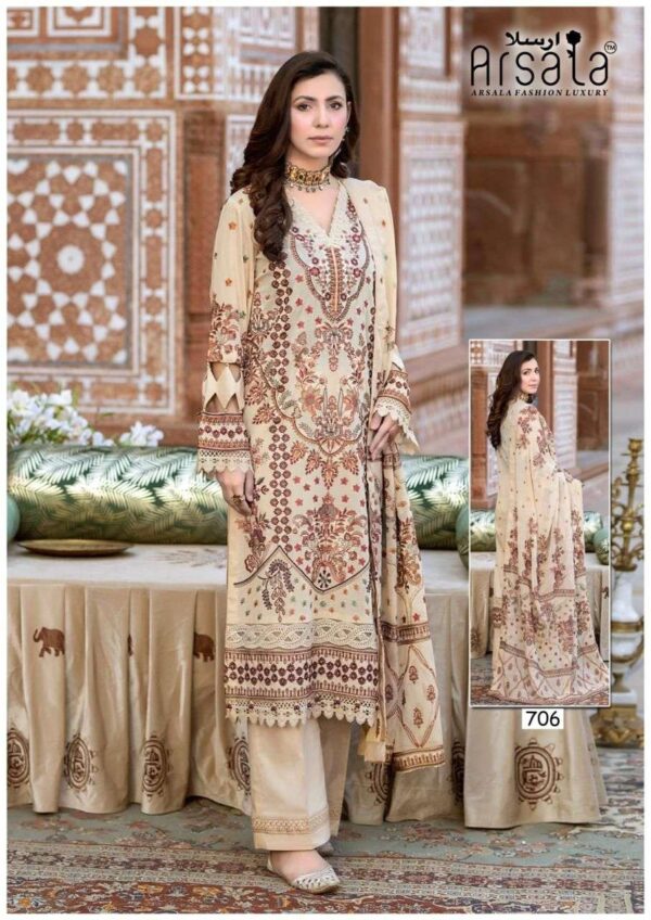 arsala fashion - amira vol-7   arsala amira vol 7 701 706 series cotton pakistani wear salwar suit supplier surat 1 2025 05 28 11 06 00.jpg arsala amira vol-7 701-706 series cotton pakistani wear salwar suit supplier surat Catalogue Name : 28th May 2025 Name of Product : arsala fashion - amira vol-7  No of Design : 6 Piece (MOQ : 1 Set) Product Rate Per Piece : ₹ 405 / Per Piece Product Full Catalogue Rate : ₹ 2430 (GST Extra) Full Catalogue Weight : 6 KG Product Type & Size: unstitched Product Details: 
					 
ARSALA FASHION   LUXURY BRAND

 TODAY WE ARE INTRODUCING OUR ONE MORE NEW CATALOGUE LUXURY PRET COLLECTION TO MAKE UNIQUE AND CLASSY COTTON WITH  BEST FABRICS

ARSALA FASHION  LUXURY AMIRA HEAVY COTTON LUXURY COLLECTION VOL.7

ALHUMDULLIAH TODAY AGAIN WE HAVE BROUGHT A LOT OF HARD WORK YOUR EYES WILL BE WIDE OPEN AFTER SEEING THIS FASHION SENSIBILITY SPECIALLY CREATE EXCELLENT DESIGNS PREMIUM QUALITY FABRICS  SPECIAL FOR YOU COMPLETELY NEW STYLE WITH YOUR BLESSING AND SUPPORT HOPE YOU LIKE All THE ARTICLES 

TOP PURE HEAVY LAWN COTTON  2.50 MTR

BOTTOM PURE HEAVY LAWN COTTON 2.00 MTR

DUPATTA PURE COTTON 2.25 MTR

Design 06

PRICE - 405+GST

EXCLUSIVE BAG  PACKING

FABRICS USED FOR BEST QUALITY RESULTS