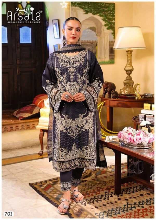 arsala fashion - amira vol-7   arsala amira vol 7 701 706 series cotton pakistani wear salwar suit supplier surat 3 2025 05 28 11 06 00.jpg arsala amira vol-7 701-706 series cotton pakistani wear salwar suit supplier surat Catalogue Name : 28th May 2025 Name of Product : arsala fashion - amira vol-7  No of Design : 6 Piece (MOQ : 1 Set) Product Rate Per Piece : ₹ 405 / Per Piece Product Full Catalogue Rate : ₹ 2430 (GST Extra) Full Catalogue Weight : 6 KG Product Type & Size: unstitched Product Details: 
					 
ARSALA FASHION   LUXURY BRAND

 TODAY WE ARE INTRODUCING OUR ONE MORE NEW CATALOGUE LUXURY PRET COLLECTION TO MAKE UNIQUE AND CLASSY COTTON WITH  BEST FABRICS

ARSALA FASHION  LUXURY AMIRA HEAVY COTTON LUXURY COLLECTION VOL.7

ALHUMDULLIAH TODAY AGAIN WE HAVE BROUGHT A LOT OF HARD WORK YOUR EYES WILL BE WIDE OPEN AFTER SEEING THIS FASHION SENSIBILITY SPECIALLY CREATE EXCELLENT DESIGNS PREMIUM QUALITY FABRICS  SPECIAL FOR YOU COMPLETELY NEW STYLE WITH YOUR BLESSING AND SUPPORT HOPE YOU LIKE All THE ARTICLES 

TOP PURE HEAVY LAWN COTTON  2.50 MTR

BOTTOM PURE HEAVY LAWN COTTON 2.00 MTR

DUPATTA PURE COTTON 2.25 MTR

Design 06

PRICE - 405+GST

EXCLUSIVE BAG  PACKING

FABRICS USED FOR BEST QUALITY RESULTS
