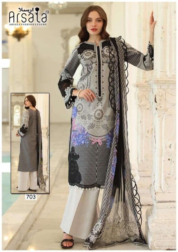 arsala fashion - amira vol-7   arsala amira vol 7 701 706 series cotton pakistani wear salwar suit supplier surat 4 2025 05 28 11 06 00.jpg arsala amira vol-7 701-706 series cotton pakistani wear salwar suit supplier surat Catalogue Name : 28th May 2025 Name of Product : arsala fashion - amira vol-7  No of Design : 6 Piece (MOQ : 1 Set) Product Rate Per Piece : ₹ 405 / Per Piece Product Full Catalogue Rate : ₹ 2430 (GST Extra) Full Catalogue Weight : 6 KG Product Type & Size: unstitched Product Details: 
					 
ARSALA FASHION   LUXURY BRAND

 TODAY WE ARE INTRODUCING OUR ONE MORE NEW CATALOGUE LUXURY PRET COLLECTION TO MAKE UNIQUE AND CLASSY COTTON WITH  BEST FABRICS

ARSALA FASHION  LUXURY AMIRA HEAVY COTTON LUXURY COLLECTION VOL.7

ALHUMDULLIAH TODAY AGAIN WE HAVE BROUGHT A LOT OF HARD WORK YOUR EYES WILL BE WIDE OPEN AFTER SEEING THIS FASHION SENSIBILITY SPECIALLY CREATE EXCELLENT DESIGNS PREMIUM QUALITY FABRICS  SPECIAL FOR YOU COMPLETELY NEW STYLE WITH YOUR BLESSING AND SUPPORT HOPE YOU LIKE All THE ARTICLES 

TOP PURE HEAVY LAWN COTTON  2.50 MTR

BOTTOM PURE HEAVY LAWN COTTON 2.00 MTR

DUPATTA PURE COTTON 2.25 MTR

Design 06

PRICE - 405+GST

EXCLUSIVE BAG  PACKING

FABRICS USED FOR BEST QUALITY RESULTS