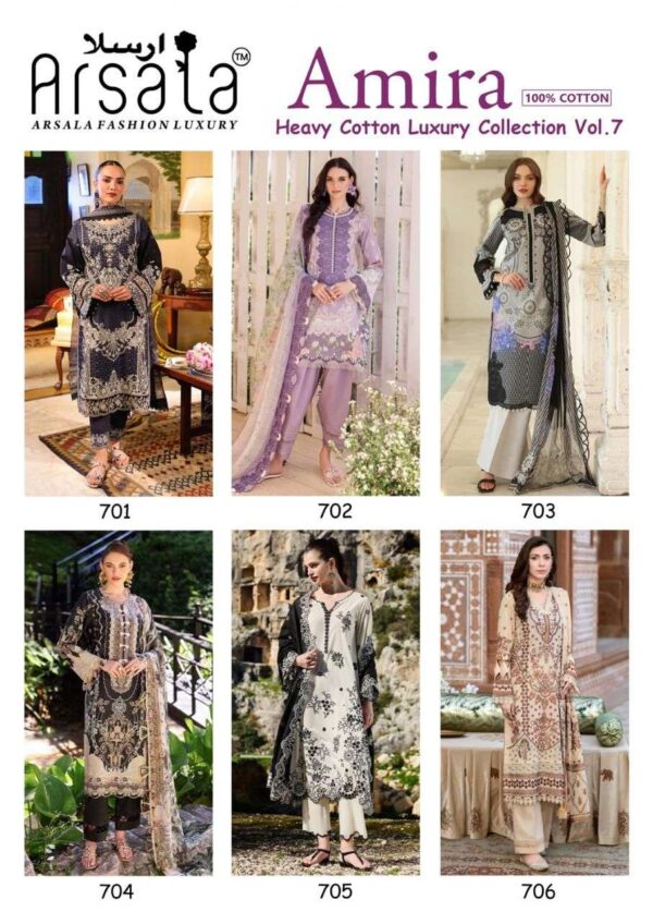arsala fashion - amira vol-7   arsala amira vol 7 701 706 series cotton pakistani wear salwar suit supplier surat 6 2025 05 28 11 06 00.jpg arsala amira vol-7 701-706 series cotton pakistani wear salwar suit supplier surat Catalogue Name : 28th May 2025 Name of Product : arsala fashion - amira vol-7  No of Design : 6 Piece (MOQ : 1 Set) Product Rate Per Piece : ₹ 405 / Per Piece Product Full Catalogue Rate : ₹ 2430 (GST Extra) Full Catalogue Weight : 6 KG Product Type & Size: unstitched Product Details: 
					 
ARSALA FASHION   LUXURY BRAND

 TODAY WE ARE INTRODUCING OUR ONE MORE NEW CATALOGUE LUXURY PRET COLLECTION TO MAKE UNIQUE AND CLASSY COTTON WITH  BEST FABRICS

ARSALA FASHION  LUXURY AMIRA HEAVY COTTON LUXURY COLLECTION VOL.7

ALHUMDULLIAH TODAY AGAIN WE HAVE BROUGHT A LOT OF HARD WORK YOUR EYES WILL BE WIDE OPEN AFTER SEEING THIS FASHION SENSIBILITY SPECIALLY CREATE EXCELLENT DESIGNS PREMIUM QUALITY FABRICS  SPECIAL FOR YOU COMPLETELY NEW STYLE WITH YOUR BLESSING AND SUPPORT HOPE YOU LIKE All THE ARTICLES 

TOP PURE HEAVY LAWN COTTON  2.50 MTR

BOTTOM PURE HEAVY LAWN COTTON 2.00 MTR

DUPATTA PURE COTTON 2.25 MTR

Design 06

PRICE - 405+GST

EXCLUSIVE BAG  PACKING

FABRICS USED FOR BEST QUALITY RESULTS