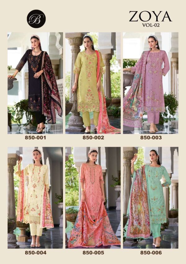 belliza designer studio - zoya vol-2   belliza zoya vol 2 colors exclusive latest designer stylish partyu wear salwar kameez wholesale surat 1 2025 05 21 16 01 09.jpg belliza zoya vol-2 colors exclusive latest designer stylish partyu wear salwar kameez wholesale surat Catalogue Name : 21st May 2025 Name of Product : belliza designer studio - zoya vol-2  No of Design : 6 Piece (MOQ : 1 Set) Product Rate Per Piece : ₹ 975 / Per Piece Product Full Catalogue Rate : ₹ 5850 (GST Extra) Full Catalogue Weight : 6 KG Product Type & Size: unstitched Product Details: 
					 
ZOYA VOL 2 BY BELLIZA
 PURE MAL MAL COTTON DUPATTA
 FULL HEAVY EMBROIDERY WORK

BelliZa DesigNer StuDio

                     presents

               ZOYA VOL 2
 premium designer collection
                 
Top: 100% Pure Cotton Lawn Full Heavy Karachi Embroidery Work + HEAVY DAMAN WORK (2.50 mtrs apx)

Dupatta: 100% Pure MAL MAL Cotton Dupatta Digital Print(2.30 mtrs apx)

Bottom: 100% Pure Cotton (3 mtrs apx)

Pcs: 06

 Rate: 975/- + GST 
 
 Book Now