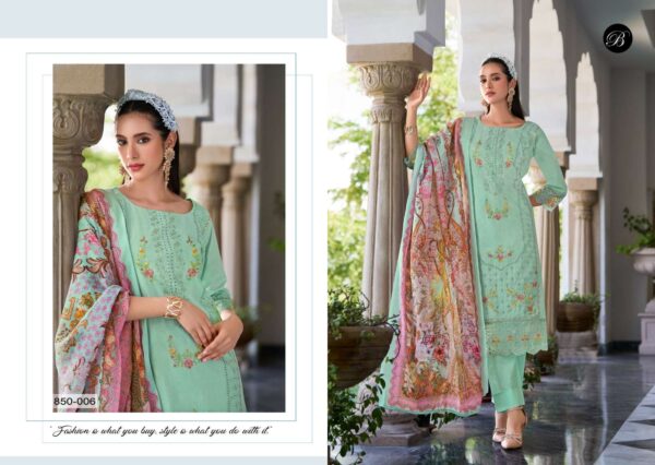 belliza designer studio - zoya vol-2   belliza zoya vol 2 colors exclusive latest designer stylish partyu wear salwar kameez wholesale surat 4 2025 05 21 16 01 09.jpg belliza zoya vol-2 colors exclusive latest designer stylish partyu wear salwar kameez wholesale surat Catalogue Name : 21st May 2025 Name of Product : belliza designer studio - zoya vol-2  No of Design : 6 Piece (MOQ : 1 Set) Product Rate Per Piece : ₹ 975 / Per Piece Product Full Catalogue Rate : ₹ 5850 (GST Extra) Full Catalogue Weight : 6 KG Product Type & Size: unstitched Product Details: 
					 
ZOYA VOL 2 BY BELLIZA
 PURE MAL MAL COTTON DUPATTA
 FULL HEAVY EMBROIDERY WORK

BelliZa DesigNer StuDio

                     presents

               ZOYA VOL 2
 premium designer collection
                 
Top: 100% Pure Cotton Lawn Full Heavy Karachi Embroidery Work + HEAVY DAMAN WORK (2.50 mtrs apx)

Dupatta: 100% Pure MAL MAL Cotton Dupatta Digital Print(2.30 mtrs apx)

Bottom: 100% Pure Cotton (3 mtrs apx)

Pcs: 06

 Rate: 975/- + GST 
 
 Book Now