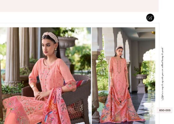 belliza designer studio - zoya vol-2   belliza zoya vol 2 colors exclusive latest designer stylish partyu wear salwar kameez wholesale surat 8 2025 05 21 16 01 09.jpg belliza zoya vol-2 colors exclusive latest designer stylish partyu wear salwar kameez wholesale surat Catalogue Name : 21st May 2025 Name of Product : belliza designer studio - zoya vol-2  No of Design : 6 Piece (MOQ : 1 Set) Product Rate Per Piece : ₹ 975 / Per Piece Product Full Catalogue Rate : ₹ 5850 (GST Extra) Full Catalogue Weight : 6 KG Product Type & Size: unstitched Product Details: 
					 
ZOYA VOL 2 BY BELLIZA
 PURE MAL MAL COTTON DUPATTA
 FULL HEAVY EMBROIDERY WORK

BelliZa DesigNer StuDio

                     presents

               ZOYA VOL 2
 premium designer collection
                 
Top: 100% Pure Cotton Lawn Full Heavy Karachi Embroidery Work + HEAVY DAMAN WORK (2.50 mtrs apx)

Dupatta: 100% Pure MAL MAL Cotton Dupatta Digital Print(2.30 mtrs apx)

Bottom: 100% Pure Cotton (3 mtrs apx)

Pcs: 06

 Rate: 975/- + GST 
 
 Book Now