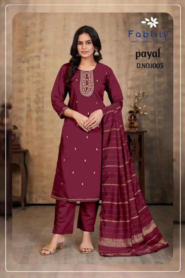 fablily payal vol 1 series 1001-1008 roman silk wholesale suit  fablily payal vol 1 series 1001-1008 roman silk wholesale suit , fablily payal vol 1 series 1001-1008 roman silk wholesale suit  surat, fablily payal vol 1 series 1001-1008 roman silk wholesale suit  new latest catalog, fablily payal vol 1 series 1001-1008 roman silk wholesale suit  wholesale surat, fablily payal vol 1 series 1001-1008 roman silk wholesale suit  single, fablily payal vol 1 series 1001-1008 roman silk wholesale suit  catalog price, fablily payal vol 1 series 1001-1008 roman silk wholesale suit  salwar suit, fablily payal vol 1 series 1001-1008 roman silk wholesale suit  dresses, fablily payal vol 1 series 1001-1008 roman silk wholesale suit  indian salwar suit, fablily payal vol 1 series 1001-1008 roman silk wholesale suit  dress material fablily payal vol 1 series 1001 1008 roman silk wholesale suit 2 2025 05 17 18 06 21 
                     fablily payal vol 1 series 1001-1008 roman silk wholesale suit 
                     
                     
                     
                     Specification :
                     
                        
                           
						   
								Product Date:
								17-05-2025
							
                             							
								Name:
								Fablily Payal Vol 1 Series 1001-1008 Roman Silk Wholesale Suit 
							
																					
								Cname:
								Payal Vol 1
							
														
								Brand:
								Fablily
							

														
								Total Design:
								8 Pcs
							
							
														
								Per Piece Rate:
								INR 745
							
							
														
								Full Catalog Rate:
								INR 5960								+ (5 % GST) + Shipping Charge
								
							
							
														
								Weight:
								8 Kg
							
																					
								Moq:
								Minimum 8 Pcs
							
							
							
														
								Type:
								Readymade Suits
							
							


														
								Fabric:
								
									Roman Silk								
							
																																																	
							
							
														
								Other Details:
								
	
		
			
			NAME:    

			 PAYAL Kurti Bottom With Dupatta Collection

			AVG. RATE :    INR 745/- 

			
			BRAND :    FABLILY
			Designs :   8
			Size :    m, l, xl, xxl, xxxl,
			Fabric :    Top: PURE ROMAN SILK And HEAVY EMBROIDERY with INNER | Bottom: pure silk with pocket and miyani | Dupatta: chanderi jacquard with sequins