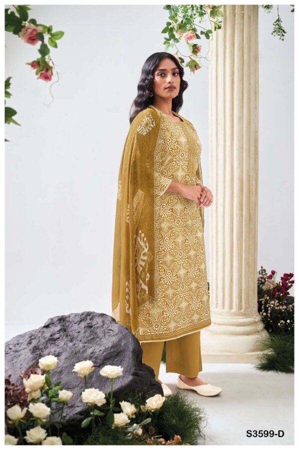 ganga - christa 3599   ganga christa 3599 cotton printed with embroidered unstitch salwar kameez wholesale surat 3 2025 05 24 16 17 18.jpg ganga christa 3599 cotton printed with embroidered unstitch salwar kameez wholesale surat Catalogue Name : 24th May 2025 Name of Product : ganga - christa 3599  No of Design : 4 Piece (MOQ : 1 Set) Product Rate Per Piece : ₹ 1325 / Per Piece Product Full Catalogue Rate : ₹ 5300 (GST Extra) Full Catalogue Weight : 4 KG Product Type & Size: unstitched Product Details: 
					 GANGA
Presents

CHRISTA 3599

TOP
PREMIUM COTTON PRINTED WITH EMBROIDERY ON NECK & DAMAN, BUTTON WORK, CROCHET LACE ON DAMAN.

воТТом
PREMIUM COTTON SOLID COLOR

DUPATTA
PREMIUM PURE CHIFFON PRINTED.

RATE:
1325/-