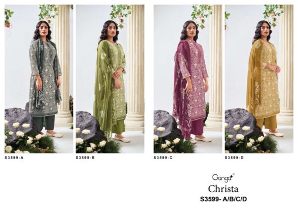 ganga - christa 3599   ganga christa 3599 cotton printed with embroidered unstitch salwar kameez wholesale surat 8 2025 05 24 16 17 19.jpg ganga christa 3599 cotton printed with embroidered unstitch salwar kameez wholesale surat Catalogue Name : 24th May 2025 Name of Product : ganga - christa 3599  No of Design : 4 Piece (MOQ : 1 Set) Product Rate Per Piece : ₹ 1325 / Per Piece Product Full Catalogue Rate : ₹ 5300 (GST Extra) Full Catalogue Weight : 4 KG Product Type & Size: unstitched Product Details: 
					 GANGA
Presents

CHRISTA 3599

TOP
PREMIUM COTTON PRINTED WITH EMBROIDERY ON NECK & DAMAN, BUTTON WORK, CROCHET LACE ON DAMAN.

воТТом
PREMIUM COTTON SOLID COLOR

DUPATTA
PREMIUM PURE CHIFFON PRINTED.

RATE:
1325/-