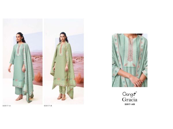 ganga - cracia 3517   ganga cracia 3517 viscose silk with embroidered salwar kameez wholesale surat 2 2025 05 24 15 42 17.jpg ganga cracia 3517 viscose silk with embroidered salwar kameez wholesale surat Catalogue Name : 24th May 2025 Name of Product : ganga - cracia 3517  No of Design : 2 Piece (MOQ : 1 Set) Product Rate Per Piece : ₹ 2495 / Per Piece Product Full Catalogue Rate : ₹ 4990 (GST Extra) Full Catalogue Weight : 2 KG Product Type & Size: unstitched Product Details: 
					 GANGA
Presents

CRACIA 3517

TOP
PREMIUM PURE VISCOSE SILK
JACOUARD WITH HAND
EMBROIDERY, SWAROVSKI WORK,
CROCHET LACE ON DAMAN.

BOTTOM
PREMIUM COTTON SOLID COLOR

DUPATTA
PREMIUM VISCOSE SILK JACOUARD
WITH CROCHET LACE BORDER.

RATE:
2495/-