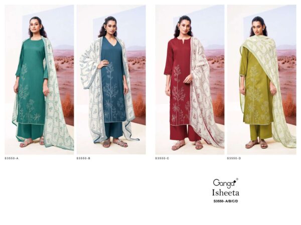 ganga - isheeta 3550   ganga isheeta 3550 cotton silk with embroidered exclusive designer salwar kameez wholesale surat 6 2025 05 23 11 43 47.jpg ganga isheeta 3550 cotton silk with embroidered exclusive designer salwar kameez wholesale surat Catalogue Name : 23rd May 2025 Name of Product : ganga - isheeta 3550  No of Design : 4 Piece (MOQ : 1 Set) Product Rate Per Piece : ₹ 1940 / Per Piece Product Full Catalogue Rate : ₹ 7760 (GST Extra) Full Catalogue Weight : 4 KG Product Type & Size: unstitched Product Details: 
					 GANGA
Presents

ISHEETA 3550

TOP
PREMIUM COTTON SILK SATIN
SOLID COLOR WITH EMBROIDERY, SATIN PRINTED BORDER LACE ON DAMAN & SLEEVES.

воТтом
PREMIUM COTTON SILK SOLID COLOR.

DUPATTA
PREMIUM PURE LINEN JACOUARD
PRINTED WITH SATIN SOLID COLOR BORDER.

RATE:
1940/-
