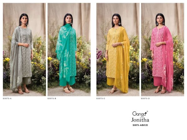 ganga - johitha 3573   ganga johitha 3573 cotton print with embroidered casual wear suit supplier 8 2025 05 27 16 52 47.jpg ganga johitha 3573 cotton print with embroidered casual wear suit supplier  Catalogue Name : 27th May 2025 Name of Product : ganga - johitha 3573  No of Design : 4 Piece (MOQ : 1 Set) Product Rate Per Piece : ₹ 1235 / Per Piece Product Full Catalogue Rate : ₹ 4940 (GST Extra) Full Catalogue Weight : 4 KG Product Type & Size: unstitched Product Details: 
					 GANGA
Presents

JONITHA 3573

TOP
PREMIUM COTTON PRINTED WITH EMBROIDERY, CROCHET LACE ON DAMAN.

воТТом
PREMIUM COTTON SOLID COLOR

DUPATTA
PREMIUM PURE CHIFFON PRINTED.

RATE:
1235/-