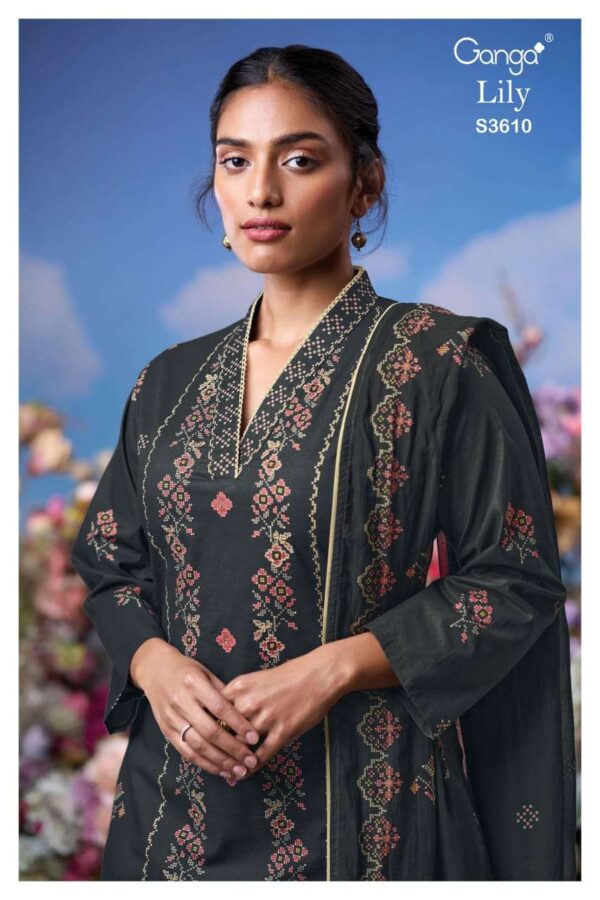 ganga -  lily 3610   ganga lily 3610 designer party wear cotton embroidred salwar kameez wholesaler 1 2025 05 21 16 54 29.jpg ganga lily 3610 designer party wear cotton embroidred salwar kameez wholesaler  Catalogue Name : 21st May 2025 Name of Product : ganga -  lily 3610  No of Design : 4 Piece (MOQ : 1 Set) Product Rate Per Piece : ₹ 1560 / Per Piece Product Full Catalogue Rate : ₹ 6240 (GST Extra) Full Catalogue Weight : 4 KG Product Type & Size: unstitched Product Details: 
					 GANGA
Presents

LILY 3610

TOP
PREMIUM COTTON PRINTED WITH HAND EMBROIDERY, HAND WORK, CROCHET LACE ON DAMAN.

воТтоМ
PREMIUM COTTON SOLID COLOR.

DUPATTA
PREMIUM PURE MAL PRINTED WITH
SOLID COLOR BORDER.

RATE:
1560/-