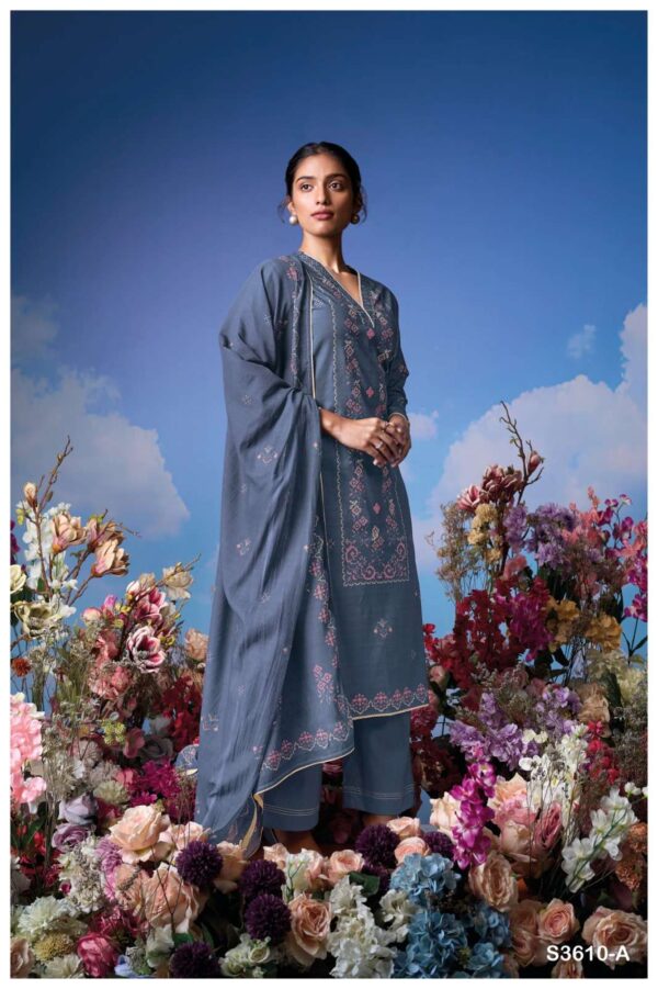 ganga -  lily 3610   ganga lily 3610 designer party wear cotton embroidred salwar kameez wholesaler 3 2025 05 21 16 54 29.jpg ganga lily 3610 designer party wear cotton embroidred salwar kameez wholesaler  Catalogue Name : 21st May 2025 Name of Product : ganga -  lily 3610  No of Design : 4 Piece (MOQ : 1 Set) Product Rate Per Piece : ₹ 1560 / Per Piece Product Full Catalogue Rate : ₹ 6240 (GST Extra) Full Catalogue Weight : 4 KG Product Type & Size: unstitched Product Details: 
					 GANGA
Presents

LILY 3610

TOP
PREMIUM COTTON PRINTED WITH HAND EMBROIDERY, HAND WORK, CROCHET LACE ON DAMAN.

воТтоМ
PREMIUM COTTON SOLID COLOR.

DUPATTA
PREMIUM PURE MAL PRINTED WITH
SOLID COLOR BORDER.

RATE:
1560/-
