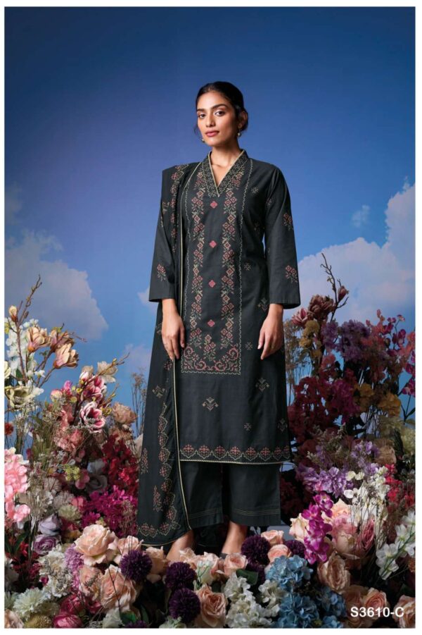 ganga -  lily 3610   ganga lily 3610 designer party wear cotton embroidred salwar kameez wholesaler 5 2025 05 21 16 54 29.jpg ganga lily 3610 designer party wear cotton embroidred salwar kameez wholesaler  Catalogue Name : 21st May 2025 Name of Product : ganga -  lily 3610  No of Design : 4 Piece (MOQ : 1 Set) Product Rate Per Piece : ₹ 1560 / Per Piece Product Full Catalogue Rate : ₹ 6240 (GST Extra) Full Catalogue Weight : 4 KG Product Type & Size: unstitched Product Details: 
					 GANGA
Presents

LILY 3610

TOP
PREMIUM COTTON PRINTED WITH HAND EMBROIDERY, HAND WORK, CROCHET LACE ON DAMAN.

воТтоМ
PREMIUM COTTON SOLID COLOR.

DUPATTA
PREMIUM PURE MAL PRINTED WITH
SOLID COLOR BORDER.

RATE:
1560/-