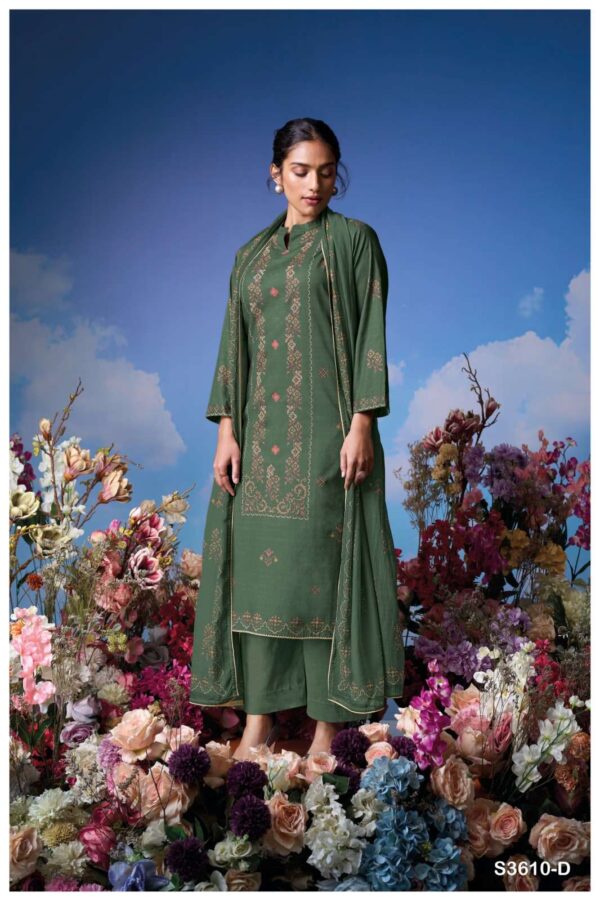 ganga -  lily 3610   ganga lily 3610 designer party wear cotton embroidred salwar kameez wholesaler 8 2025 05 21 16 54 29.jpg ganga lily 3610 designer party wear cotton embroidred salwar kameez wholesaler  Catalogue Name : 21st May 2025 Name of Product : ganga -  lily 3610  No of Design : 4 Piece (MOQ : 1 Set) Product Rate Per Piece : ₹ 1560 / Per Piece Product Full Catalogue Rate : ₹ 6240 (GST Extra) Full Catalogue Weight : 4 KG Product Type & Size: unstitched Product Details: 
					 GANGA
Presents

LILY 3610

TOP
PREMIUM COTTON PRINTED WITH HAND EMBROIDERY, HAND WORK, CROCHET LACE ON DAMAN.

воТтоМ
PREMIUM COTTON SOLID COLOR.

DUPATTA
PREMIUM PURE MAL PRINTED WITH
SOLID COLOR BORDER.

RATE:
1560/-