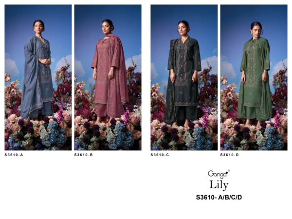 ganga -  lily 3610   ganga lily 3610 designer party wear cotton embroidred salwar kameez wholesaler 9 2025 05 21 16 54 29.jpg ganga lily 3610 designer party wear cotton embroidred salwar kameez wholesaler  Catalogue Name : 21st May 2025 Name of Product : ganga -  lily 3610  No of Design : 4 Piece (MOQ : 1 Set) Product Rate Per Piece : ₹ 1560 / Per Piece Product Full Catalogue Rate : ₹ 6240 (GST Extra) Full Catalogue Weight : 4 KG Product Type & Size: unstitched Product Details: 
					 GANGA
Presents

LILY 3610

TOP
PREMIUM COTTON PRINTED WITH HAND EMBROIDERY, HAND WORK, CROCHET LACE ON DAMAN.

воТтоМ
PREMIUM COTTON SOLID COLOR.

DUPATTA
PREMIUM PURE MAL PRINTED WITH
SOLID COLOR BORDER.

RATE:
1560/-