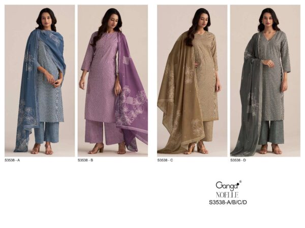 ganga - noelle 3538   ganga noelle 3538 premium cotton designer unstitched party wear salwar kameez buy wholesale surat 5 2025 04 24 11 53 58.jpg ganga noelle 3538 premium cotton designer unstitched party wear salwar kameez buy wholesale surat Catalogue Name : 23rd May 2025 Name of Product : ganga - noelle 3538  No of Design : 4 Piece (MOQ : 1 Set) Product Rate Per Piece : ₹ 1120 / Per Piece Product Full Catalogue Rate : ₹ 4480 (GST Extra) Full Catalogue Weight : 4 KG Product Type & Size: unstitched Product Details: 
					  GANGA
Presents

NOELLE 3538

TOP
PREMIUM COTTON PRINTED

BOTTOM
PREMIUM COTTON PRINTED

DUPATTA
PREMIUM COTTON MAL PRINTED

RATE
1120/-