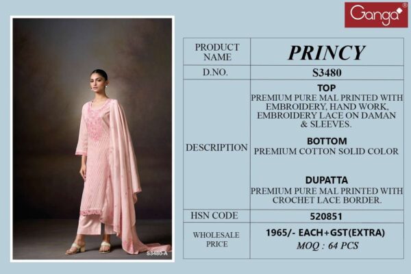 ganga - princy 3480   ganga princy 3480 pure mal fancy handwork with digital printed salwar suit supplier 4 2025 05 30 11 52 56.jpg ganga princy 3480 pure mal fancy handwork with digital printed salwar suit supplier  Catalogue Name : 30th May 2025 Name of Product : ganga - princy 3480  No of Design : 3 Piece (MOQ : 1 Set) Product Rate Per Piece : ₹ 1965 / Per Piece Product Full Catalogue Rate : ₹ 5895 (GST Extra) Full Catalogue Weight : 3 KG Product Type & Size: unstitched Product Details: 
					 GANGA
Presents

PRINCY 3480

TOP
PREMIUM PURE MAL PRINTED WITH EMBROIDERY, HAND WORK, EMBROIDERY LACE ON DAMAN & SLEEVES.

воТТОМ
PREMIUM COTTON SOLID COLOR

DUPATTA
PREMIUM PURE MAL PRINTED WITH CROCHET LACE BORDER.

RATE:
1965/-