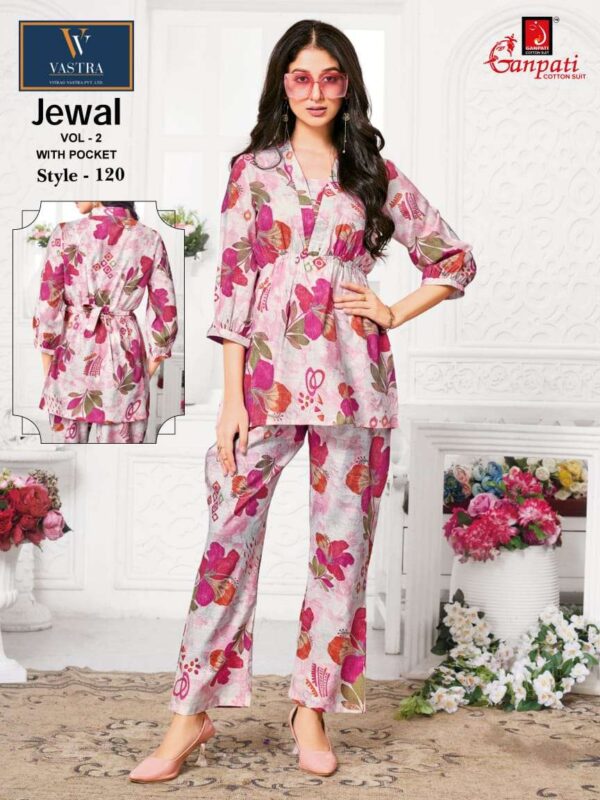 ganpati cotton suits - vastra jewal vol-2   ganpati vastra jewal vol 2 exclusive designer summer wear readymade cord set buy online surat 0 2025 05 23 14 43 33.jpg ganpati vastra jewal vol-2 exclusive designer summer wear readymade cord set buy online surat Catalogue Name : 23rd May 2025 Name of Product : ganpati cotton suits - vastra jewal vol-2  No of Design : 12 Piece (MOQ : 1 Set) Product Rate Per Piece : ₹ 515 / Per Piece Product Full Catalogue Rate : ₹ 6180 (GST Extra) Full Catalogue Weight : 8 KG Product Type & Size: M | L | XL | XXL Product Details: 
					 
VASTRA JEWAL VOL 2* 

PREMIUM QUALITY 
CO-ORD SET 

FABRICS - VATICAN 

SIZE - M-L-XL-XXL 

DESIGN - 12 

RATE - 515/- 

READY TO SHIP